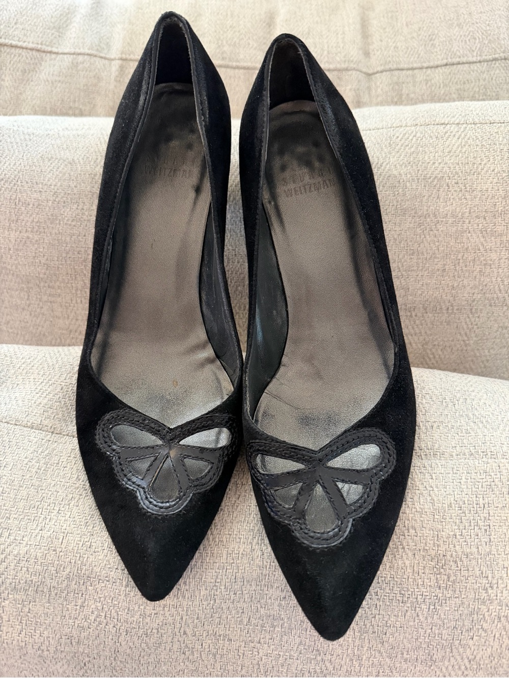 Stuart Weitzman Classic Black Suede Pointed-Toe Heels w/ Decorative Cutout - 7.5